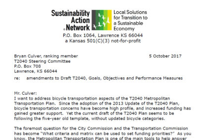 Bicycle transportation aspects of the T2040 Metropolitan Transportation Plan for Lawrence KS.